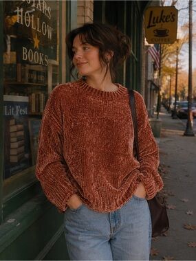Christian Siriano Plush Chenille Crewneck Sweater in Rusty Orange